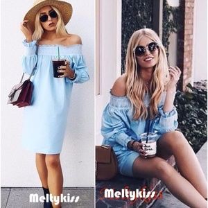 NWT ZARA SKY BLUE OFF THE SHOULDER POPLIN DRESS_S